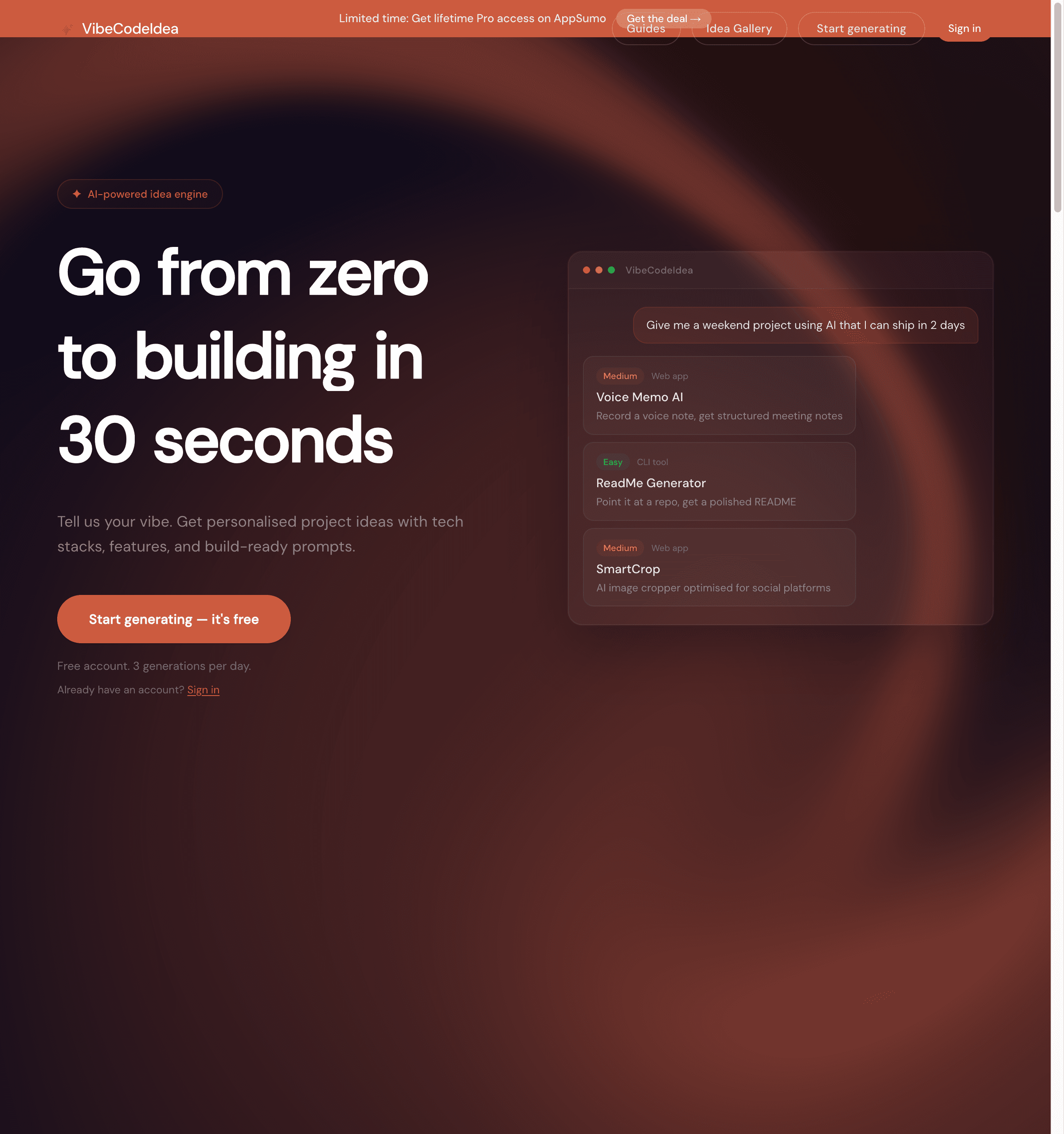 Screenshot of VibeCodeIdea